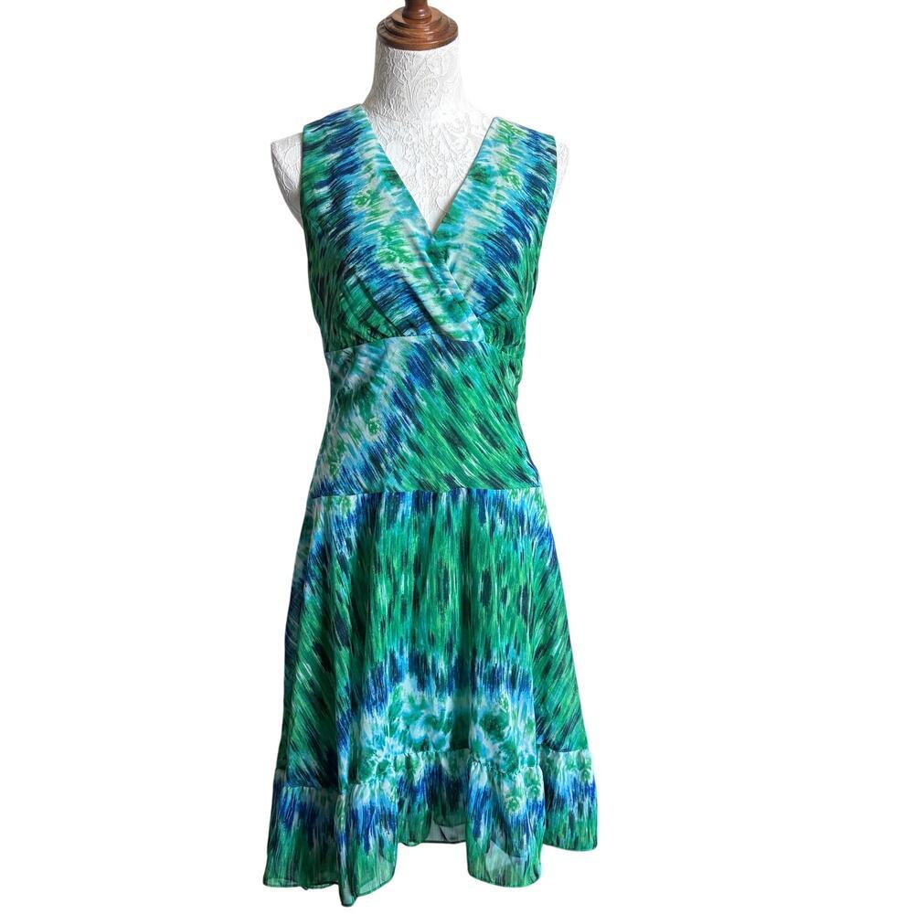 Sleeveless Green & Blue V-Neck Mini Dress